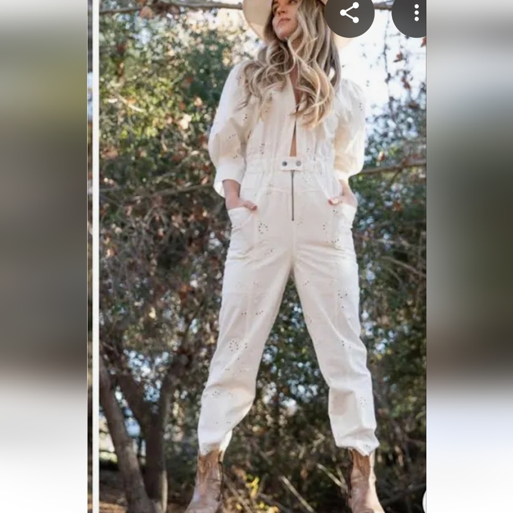 Free People White Jumpsuit with Long Sleeves and Fitted Waist